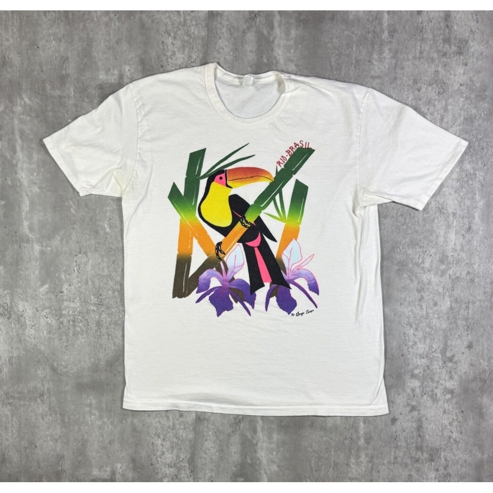 Vintage 80s Parrot Bird Tropical Nature T Shirt White L Hering Rio-Brasil Toucan